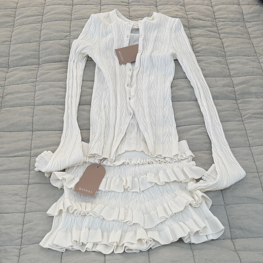 White Ruffled Knit cardigan set